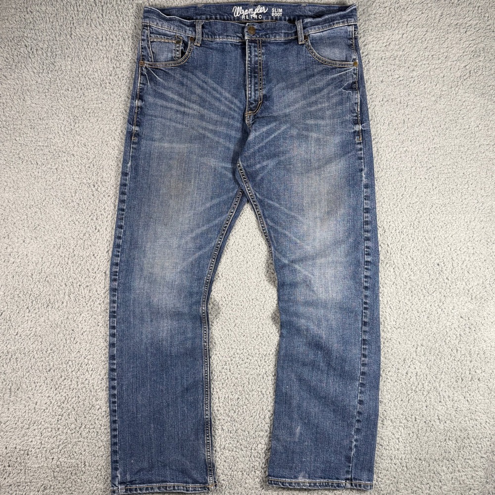 Wrangler Retro Jeans Mens 38x33 Blue Faded Slim Boot Cowboy Rodeo Western